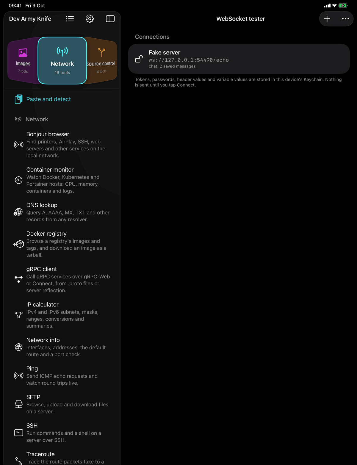 Dev Army Knife on iPad: WebSocket tester. Connect to a WebSocket server, send messages and watch the replies