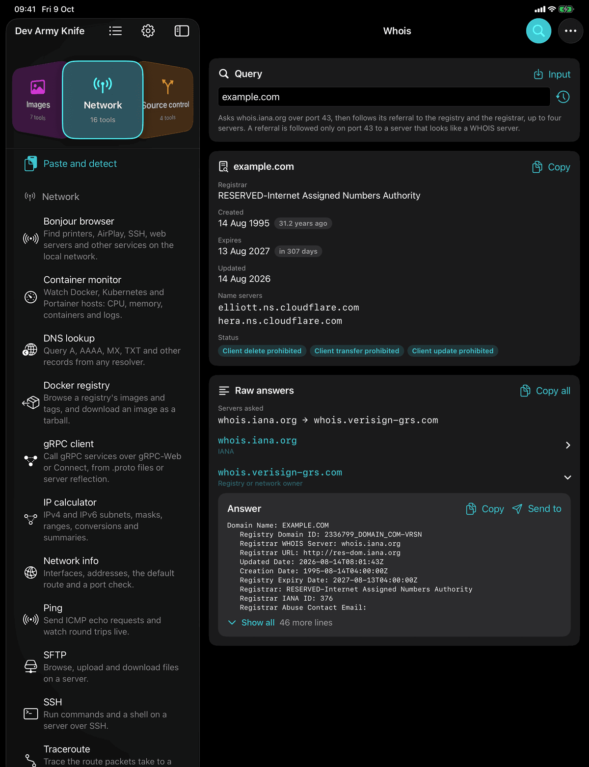 Dev Army Knife on iPad: Whois. Registrar, dates, name servers and raw WHOIS for a domain or IP