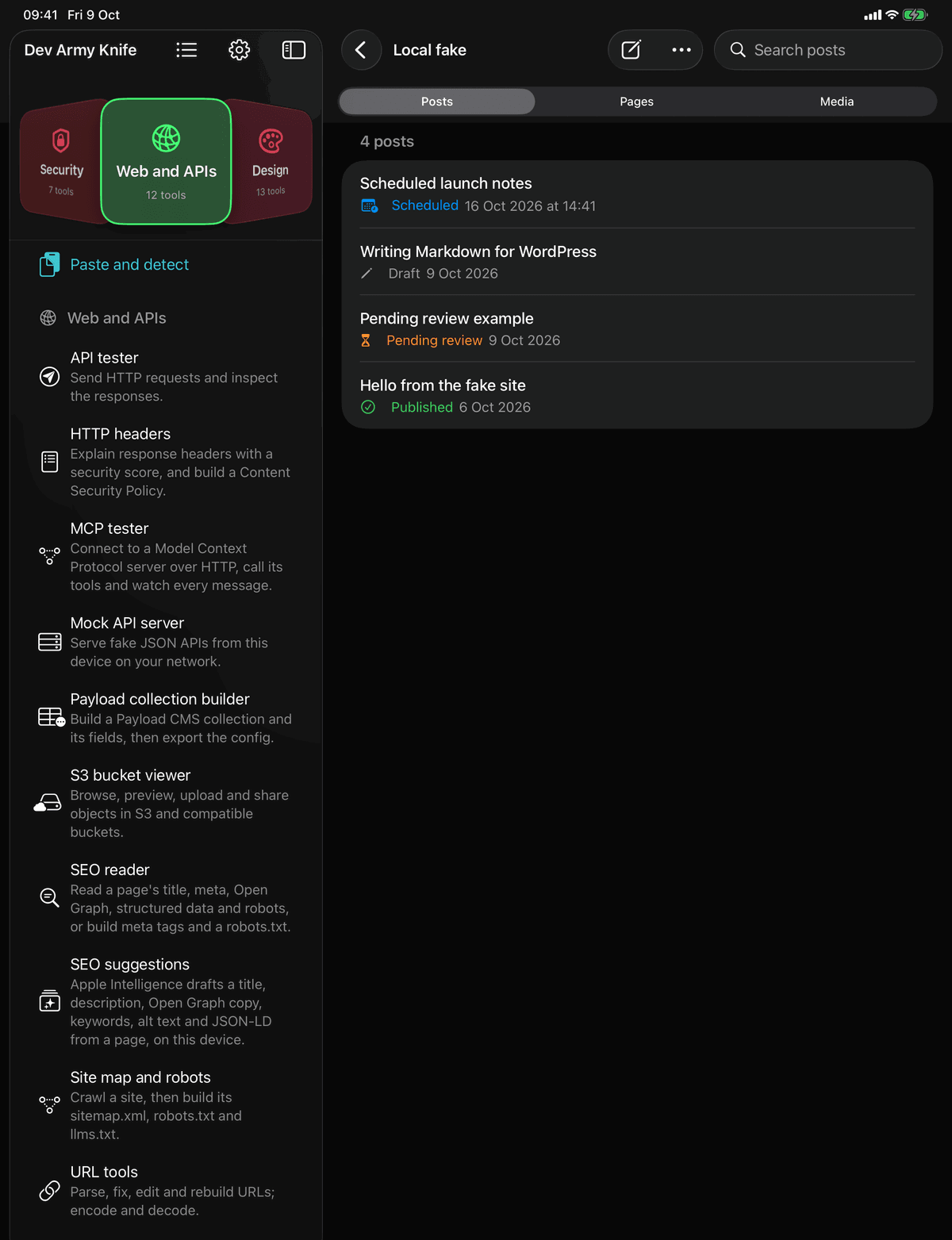 Dev Army Knife on iPad: WordPress publisher. Write posts in Markdown, publish them to WordPress and pull them back