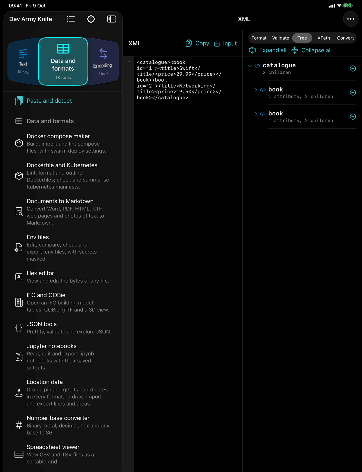 Dev Army Knife on iPad: XML tools. Format, validate, query with XPath and convert XML to and from JSON