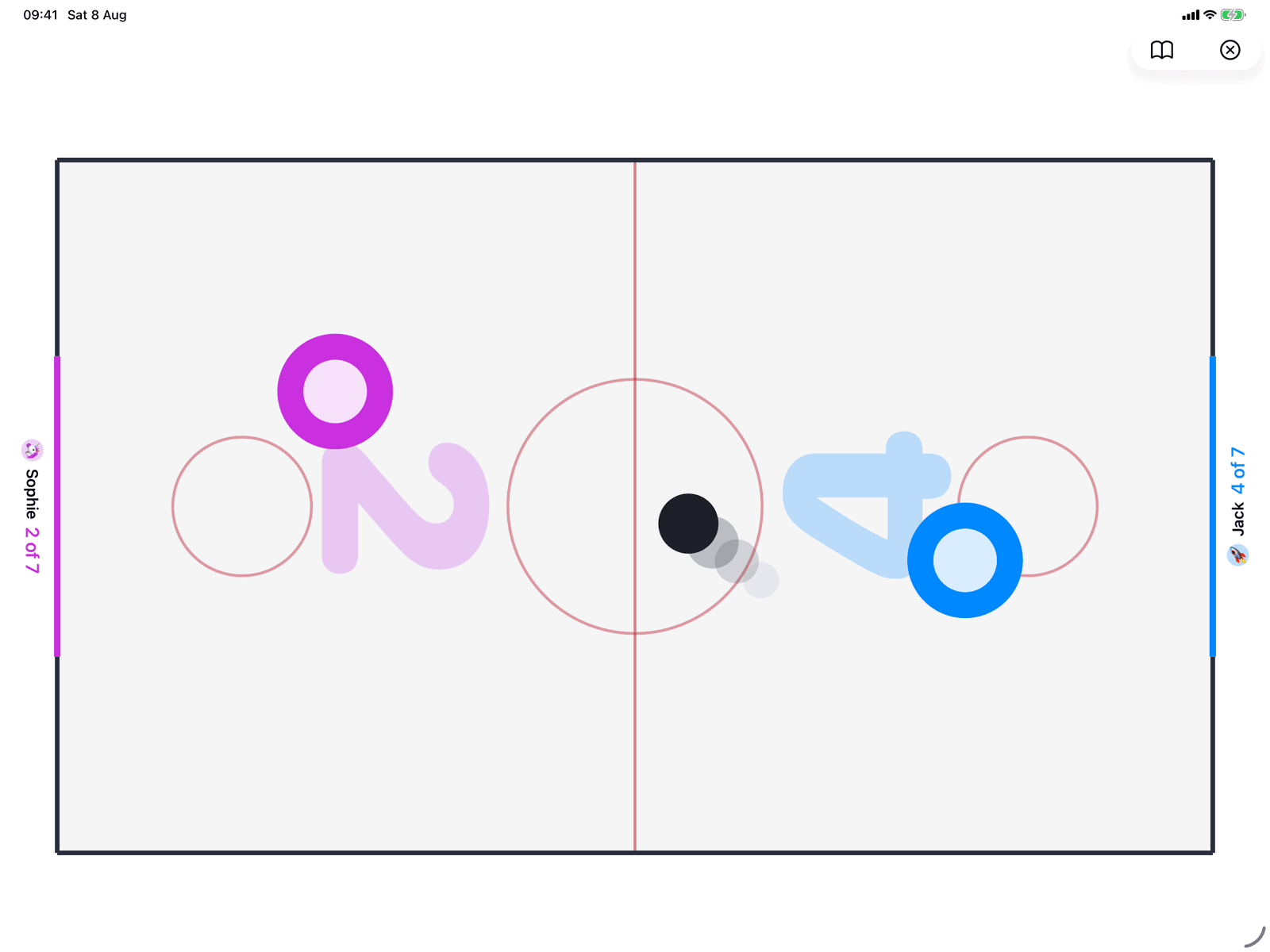 Air Hockey in Group Games, mid-game on an iPad host