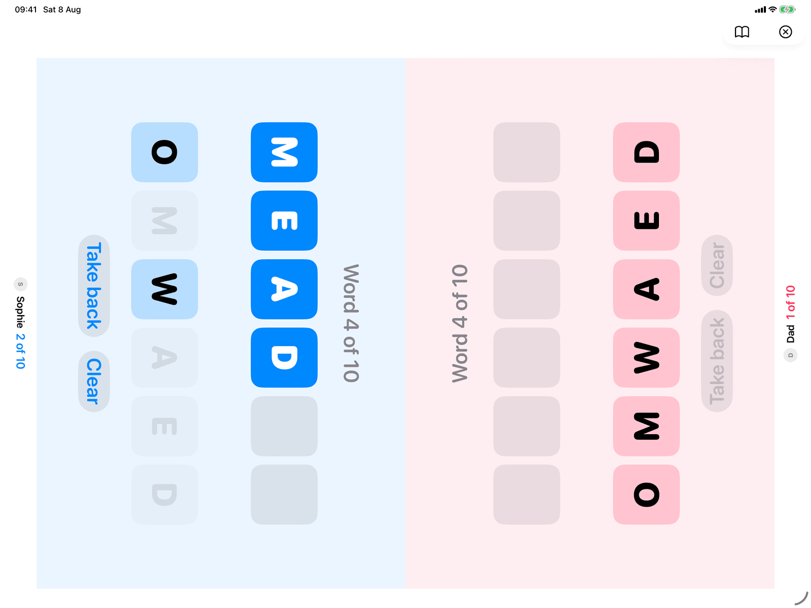 Anagrams in Group Games, mid-game on an iPad host
