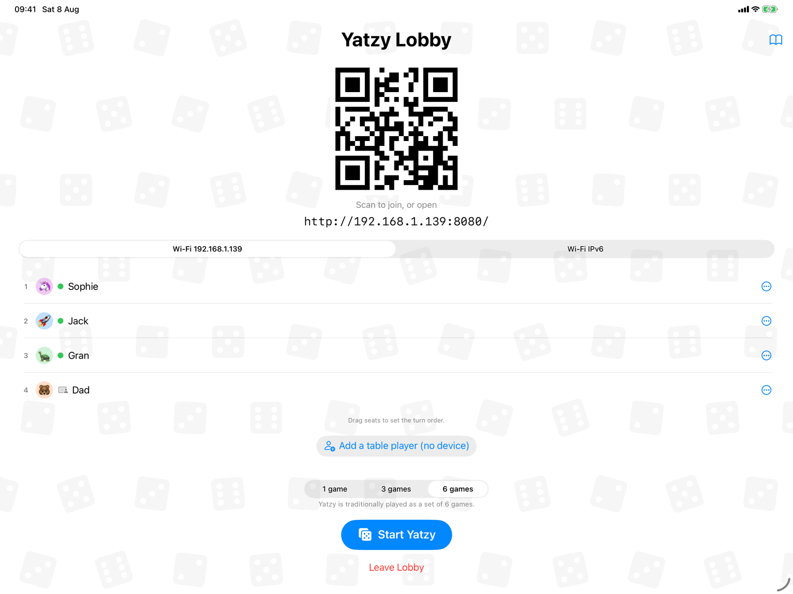 A Group Games lobby on an iPad showing the QR code phone players scan to join from their browser, over a mixed roster of phone and table players
