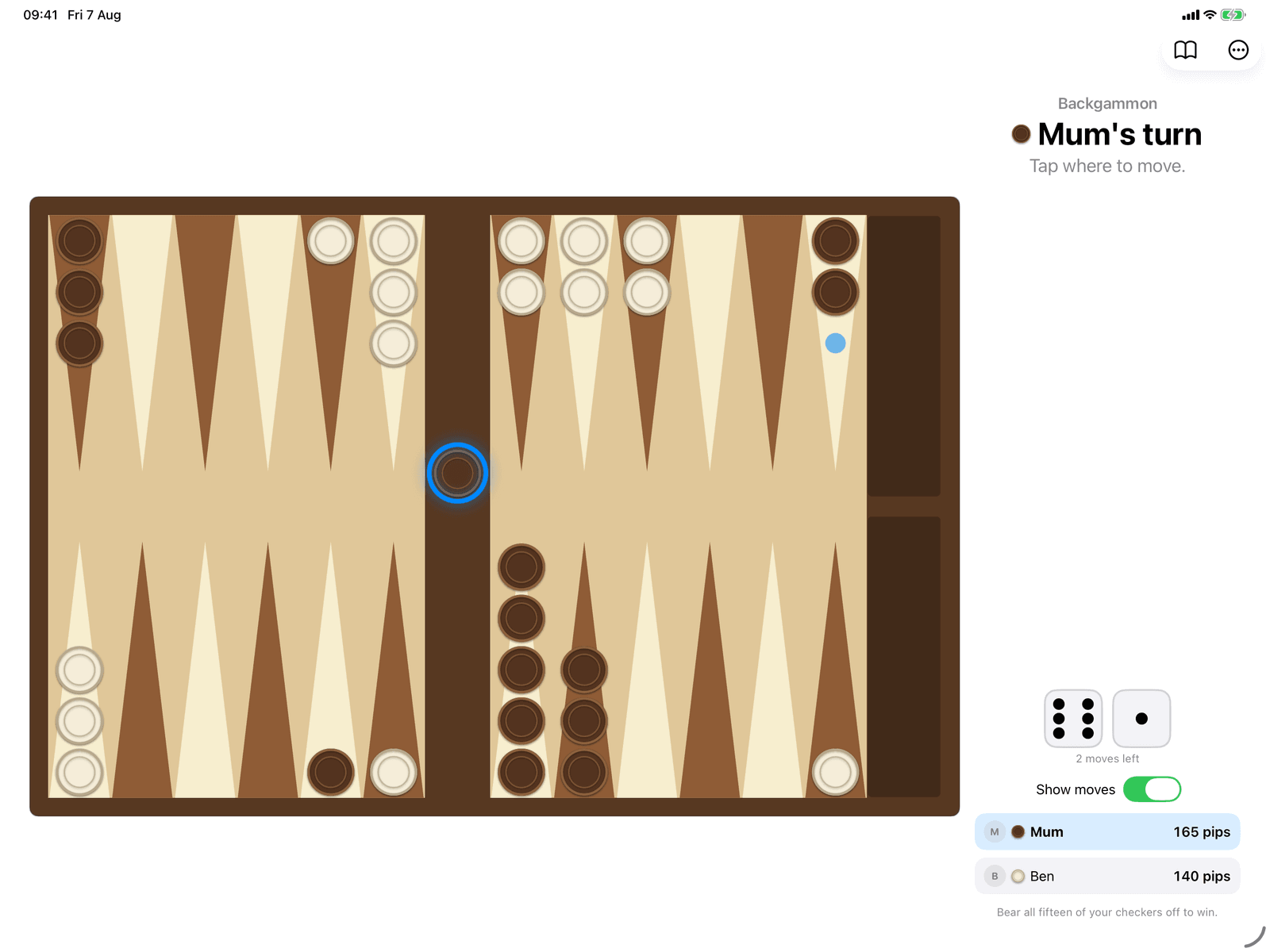 Backgammon in Group Games, mid-game on an iPad host