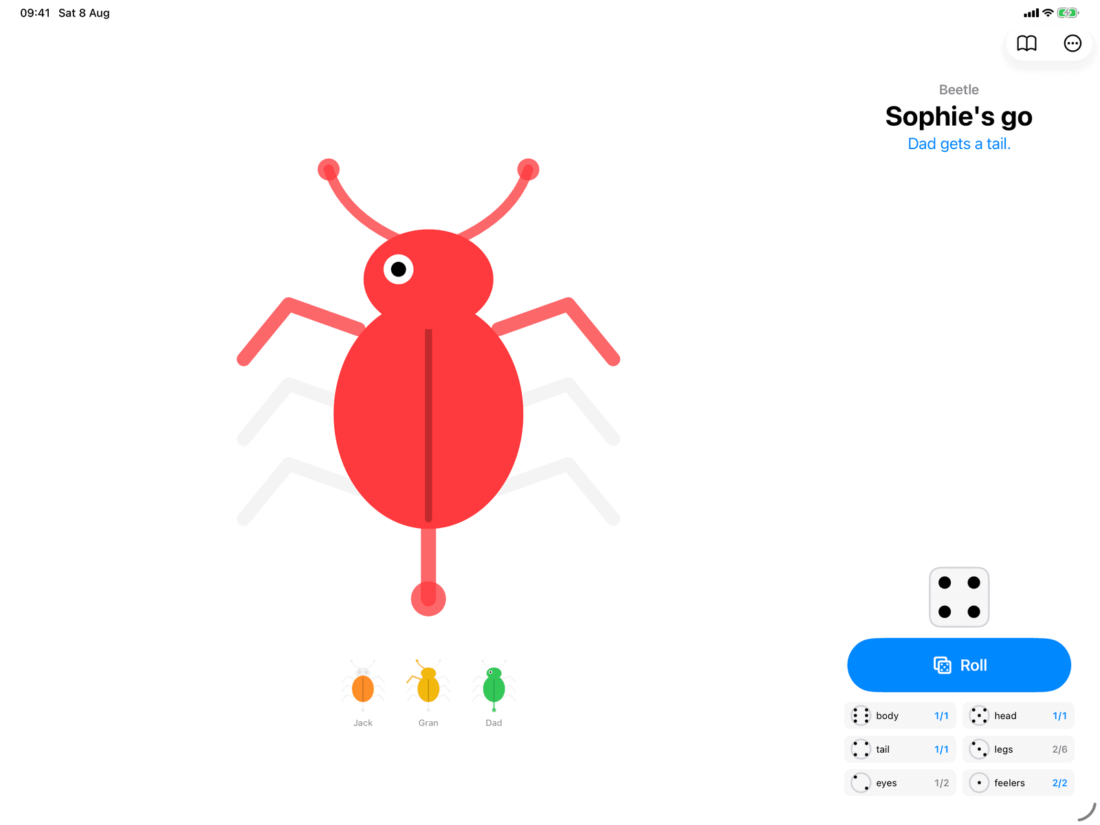 Beetle in Group Games, mid-game on an iPad host