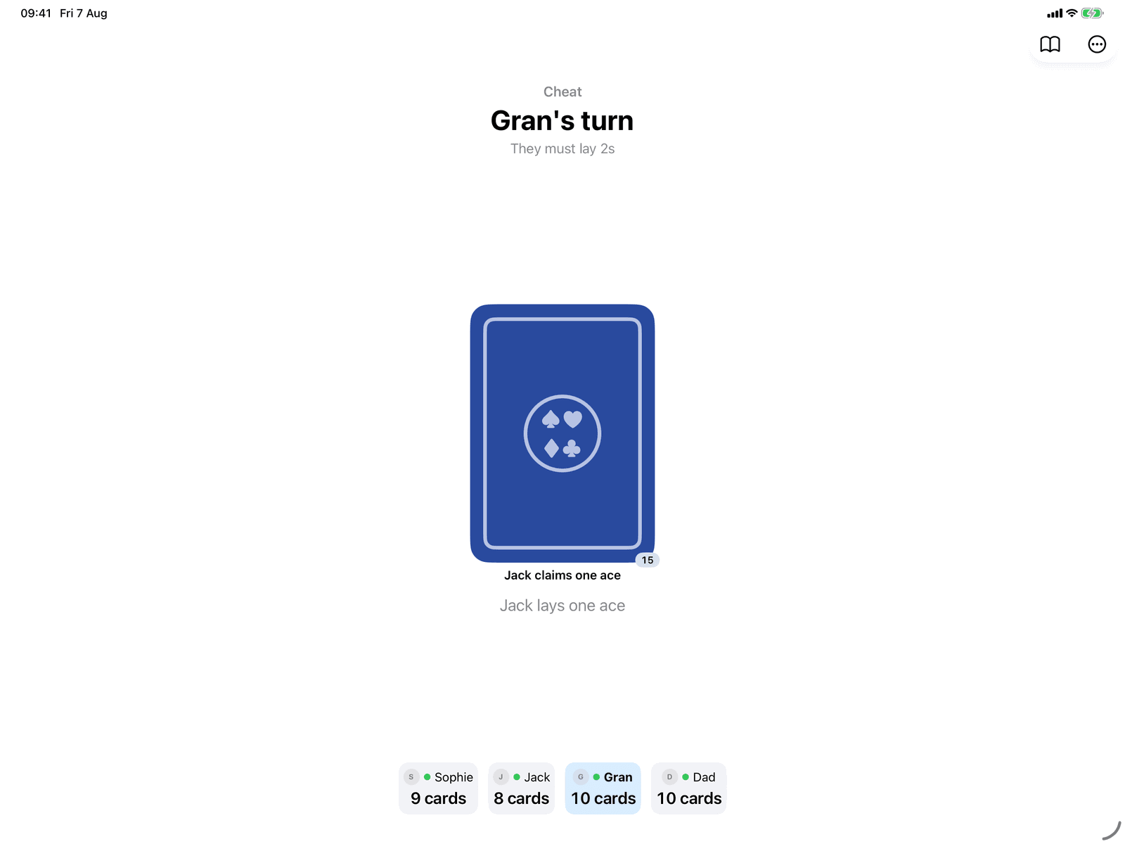 Cheat in Group Games on an iPad host, with a face-down pile and a claim waiting to be believed or challenged