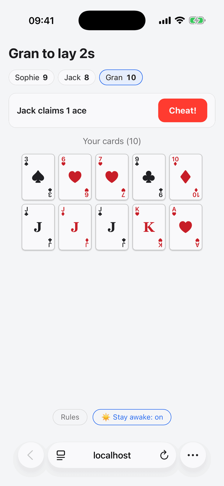 A second player's phone during Cheat in Group Games, ready to call the bluff