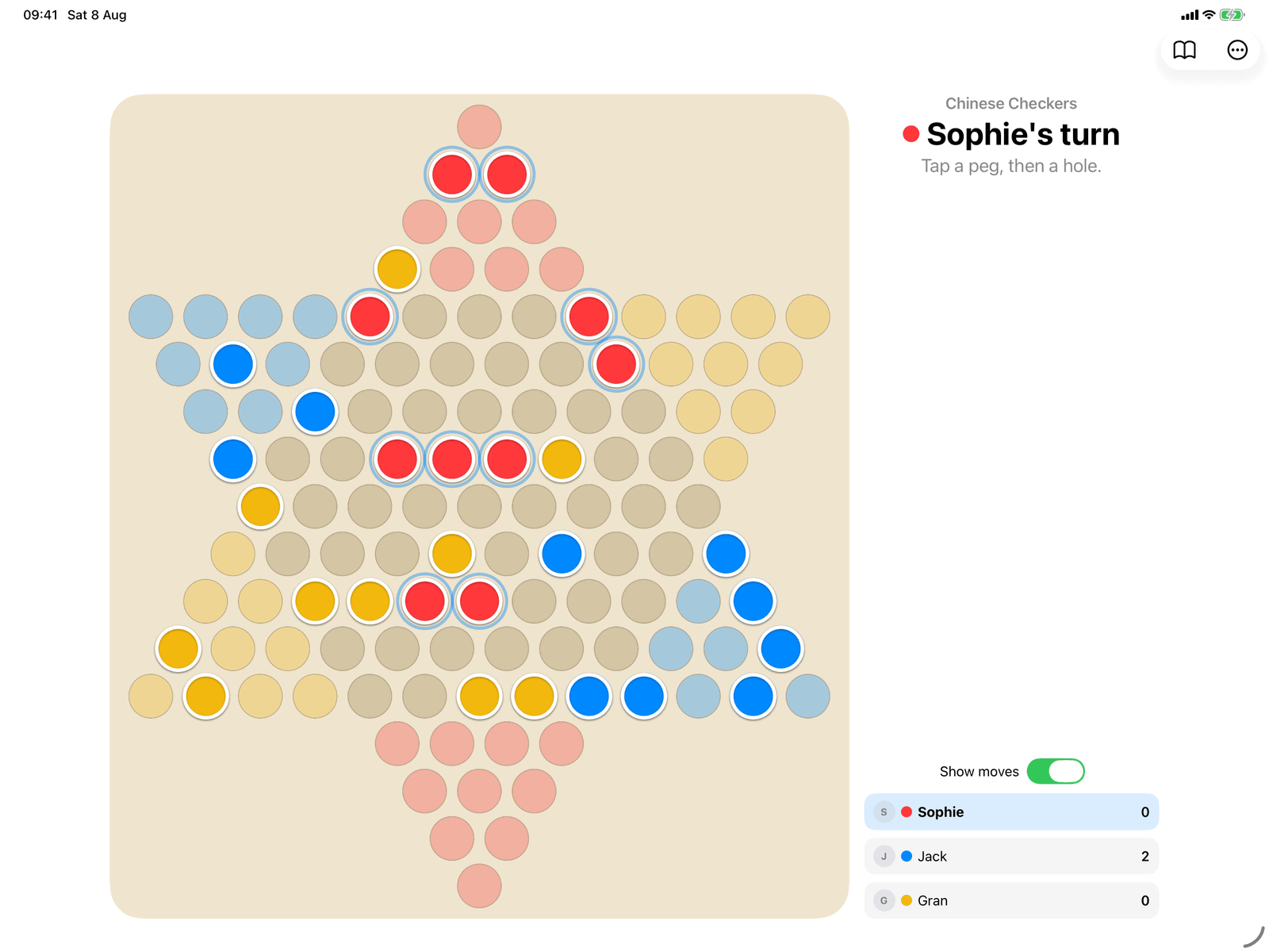 Chinese Checkers in Group Games, mid-game on an iPad host