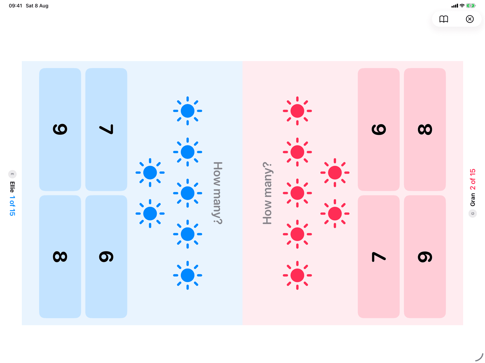 Counting and Letters in Group Games, mid-game on an iPad host