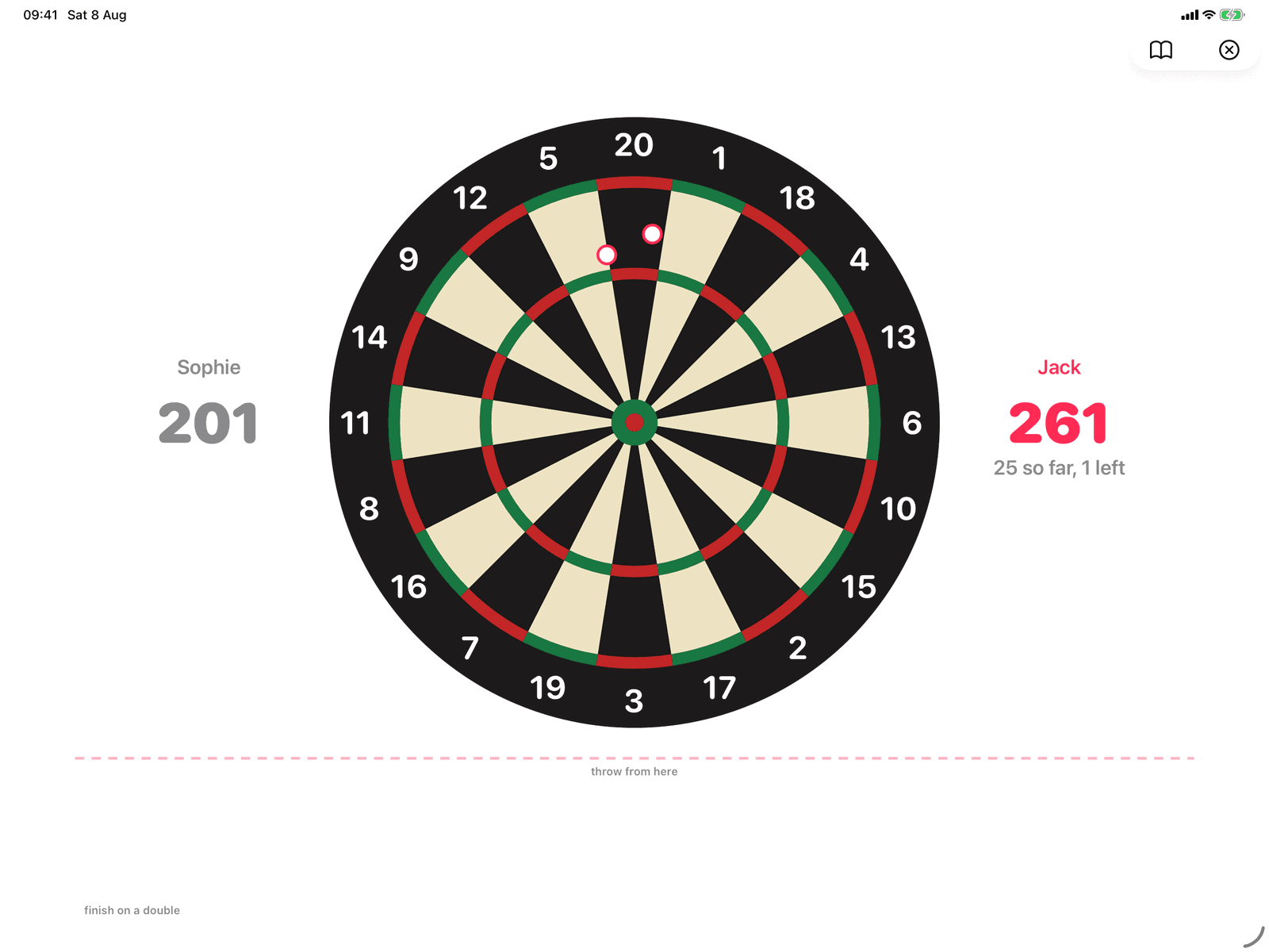 Darts in Group Games, mid-game on an iPad host