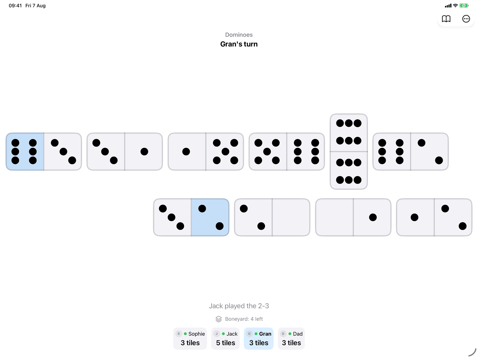 Dominoes in Group Games, mid-game on an iPad host