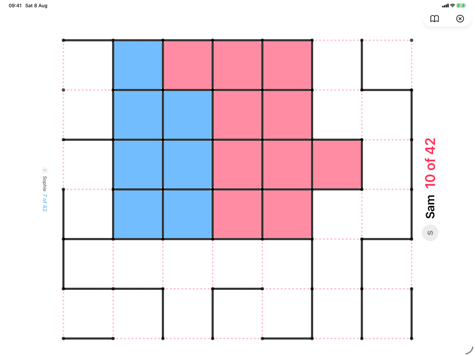 Dots and Boxes in Group Games, mid-game on an iPad host