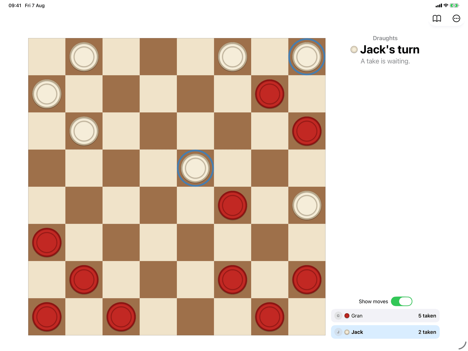 Draughts in Group Games, mid-game on an iPad host
