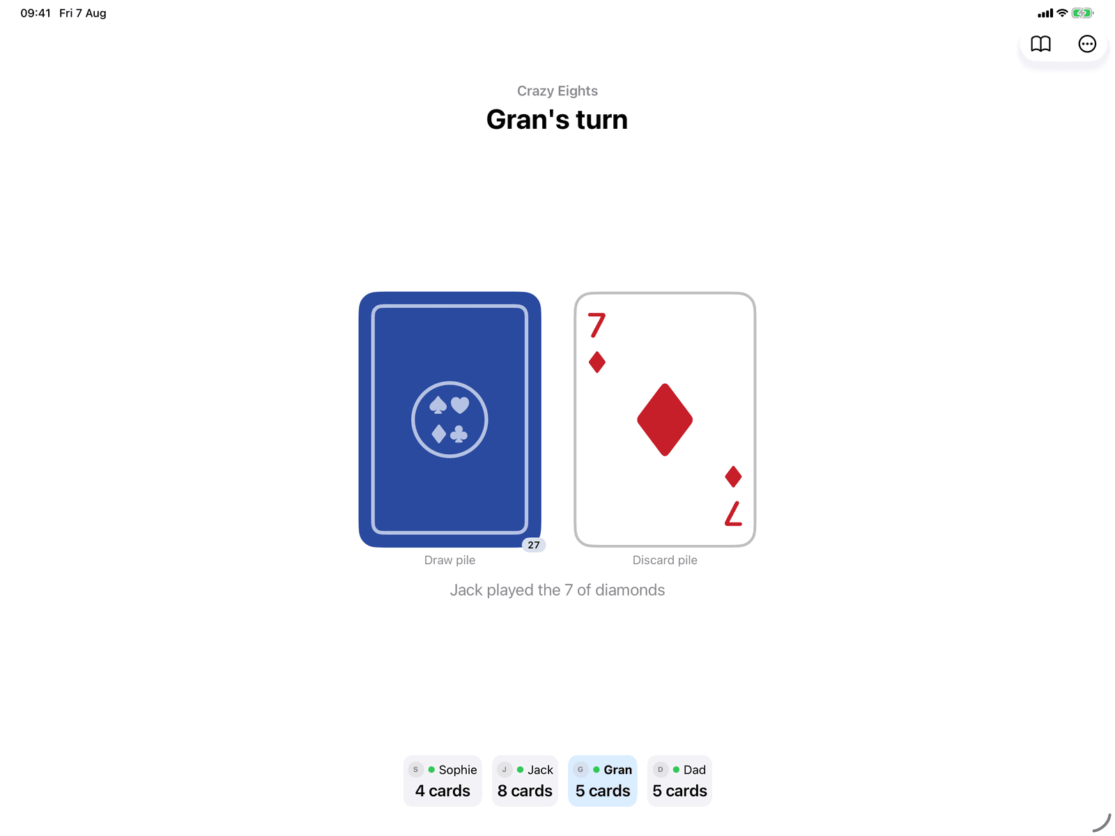 Crazy Eights in Group Games, mid-game on an iPad host