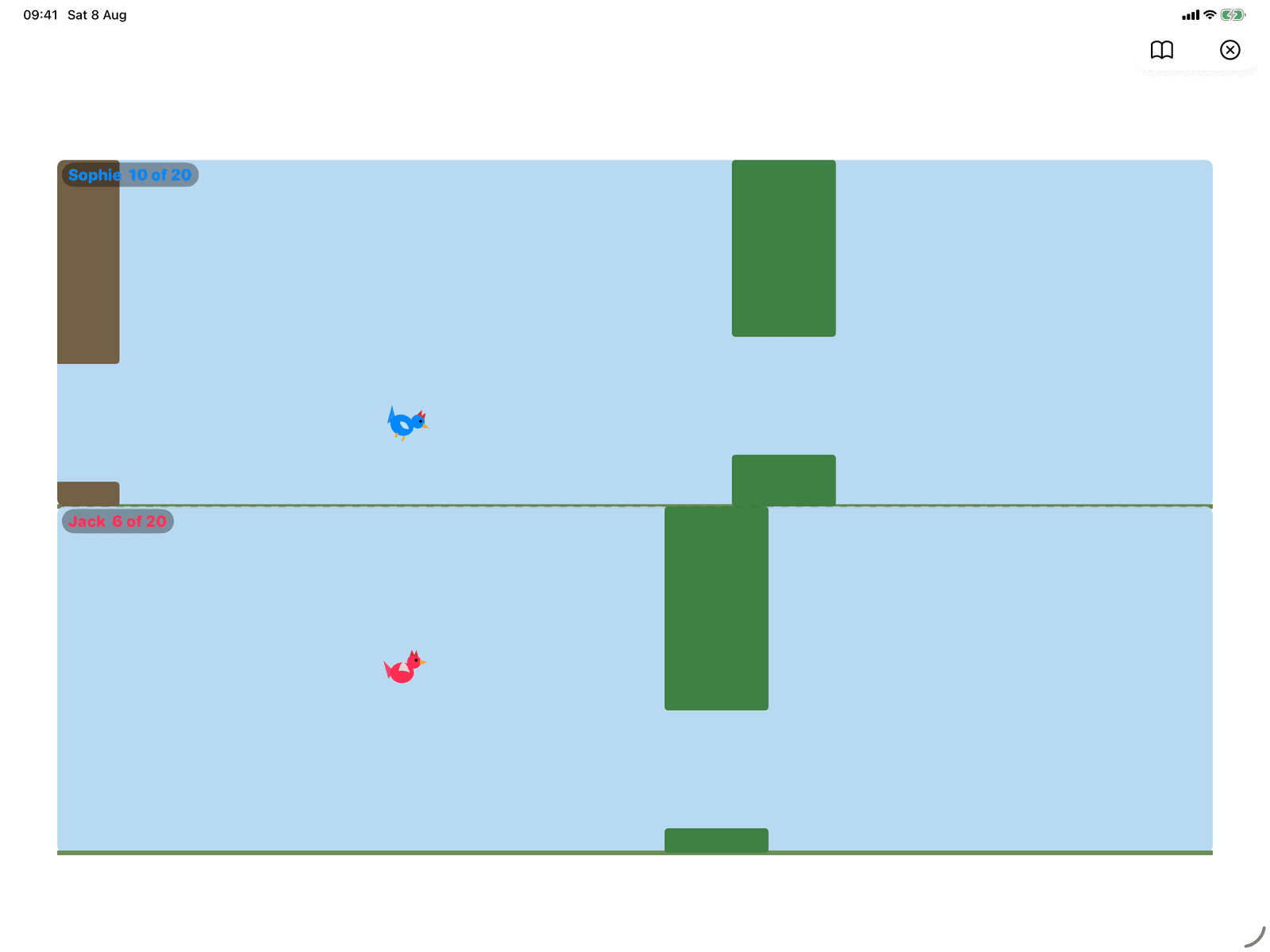 Flying Chicken in Group Games, mid-game on an iPad host