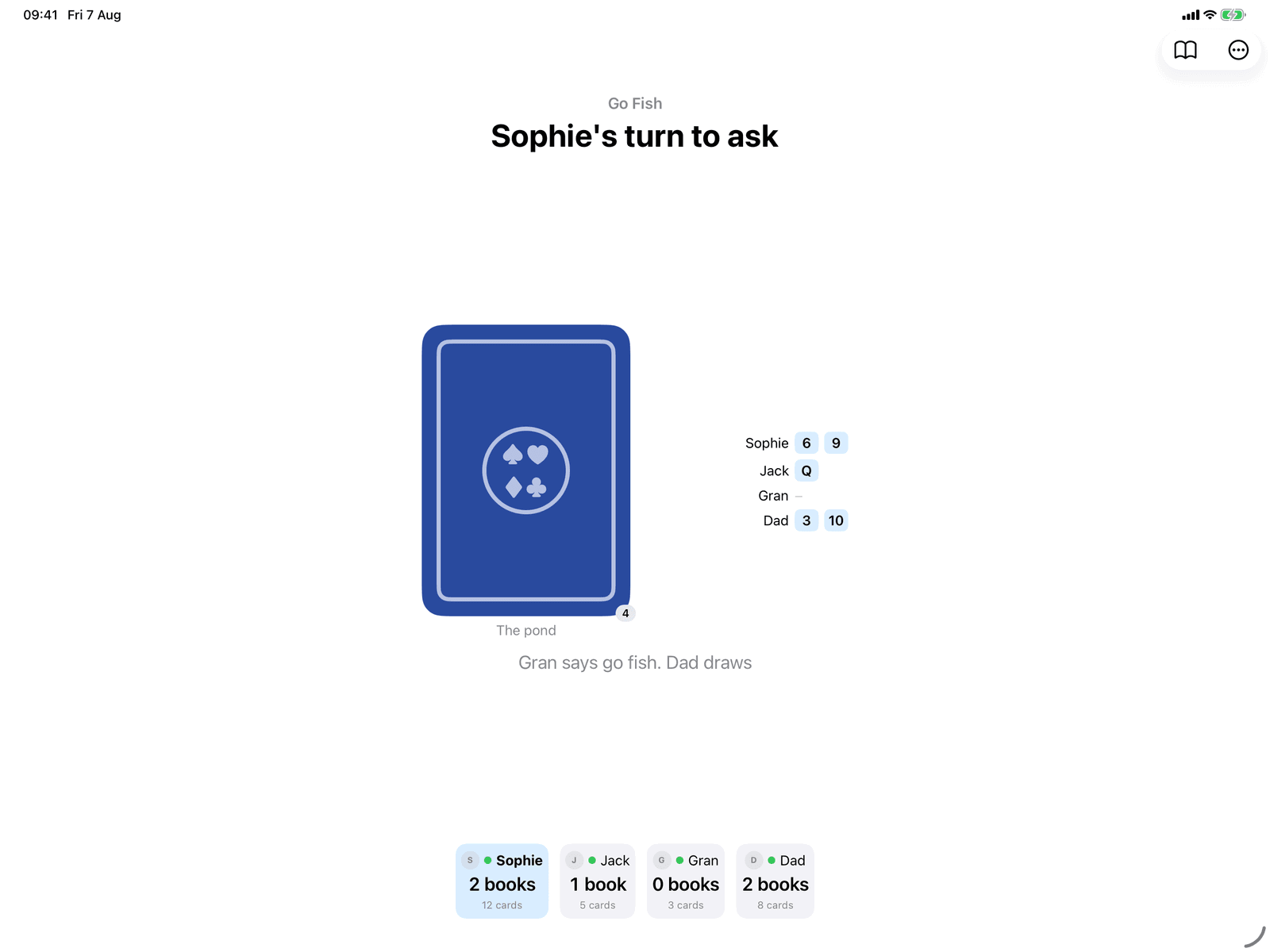 Go Fish in Group Games, mid-game on an iPad host