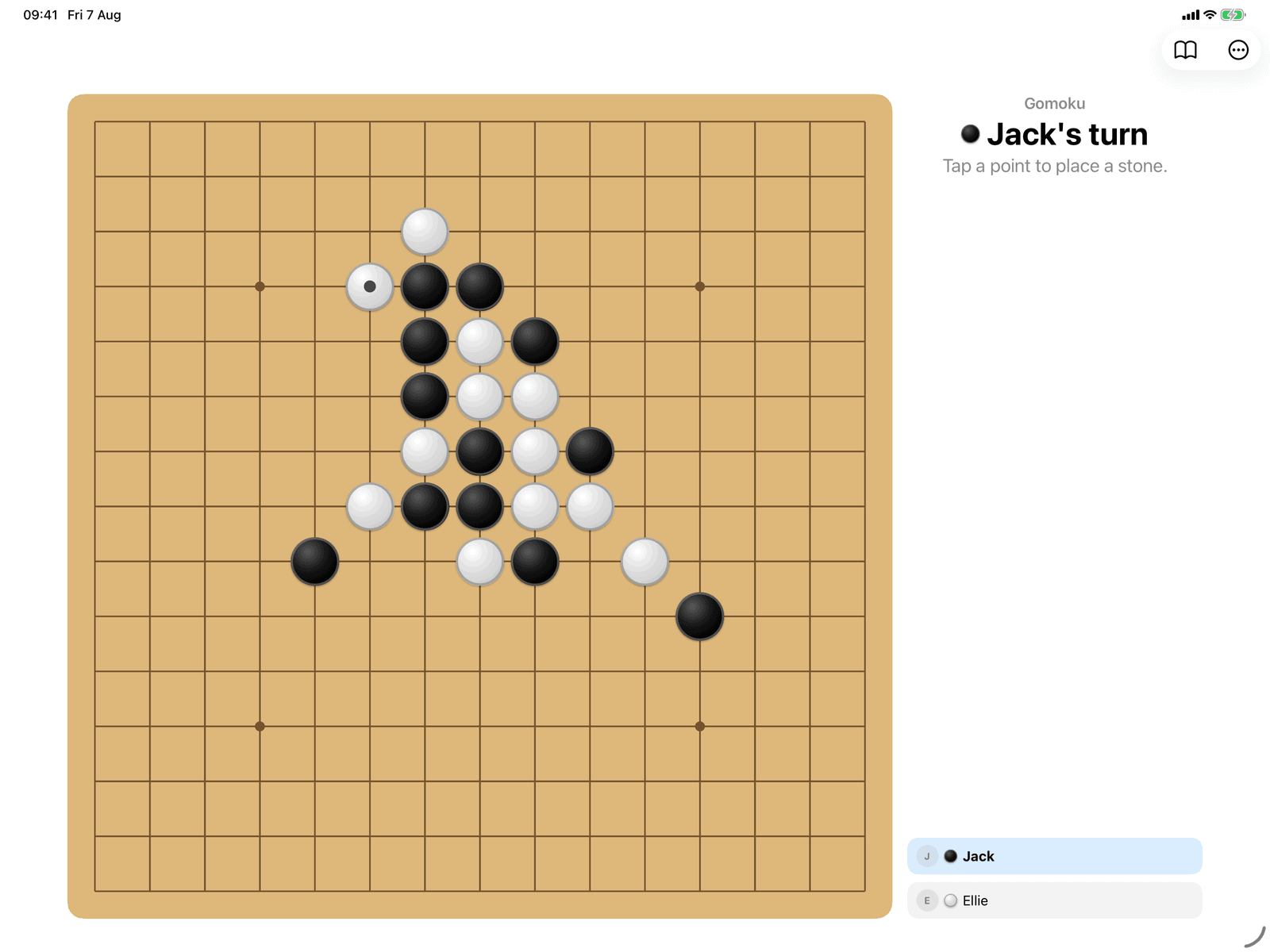 Gomoku in Group Games, mid-game on an iPad host