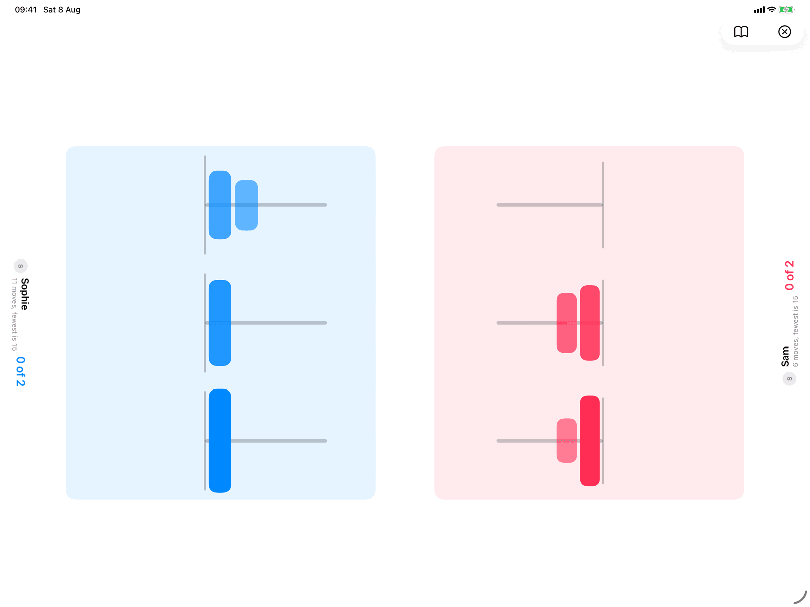 Tower of Hanoi in Group Games, mid-game on an iPad host
