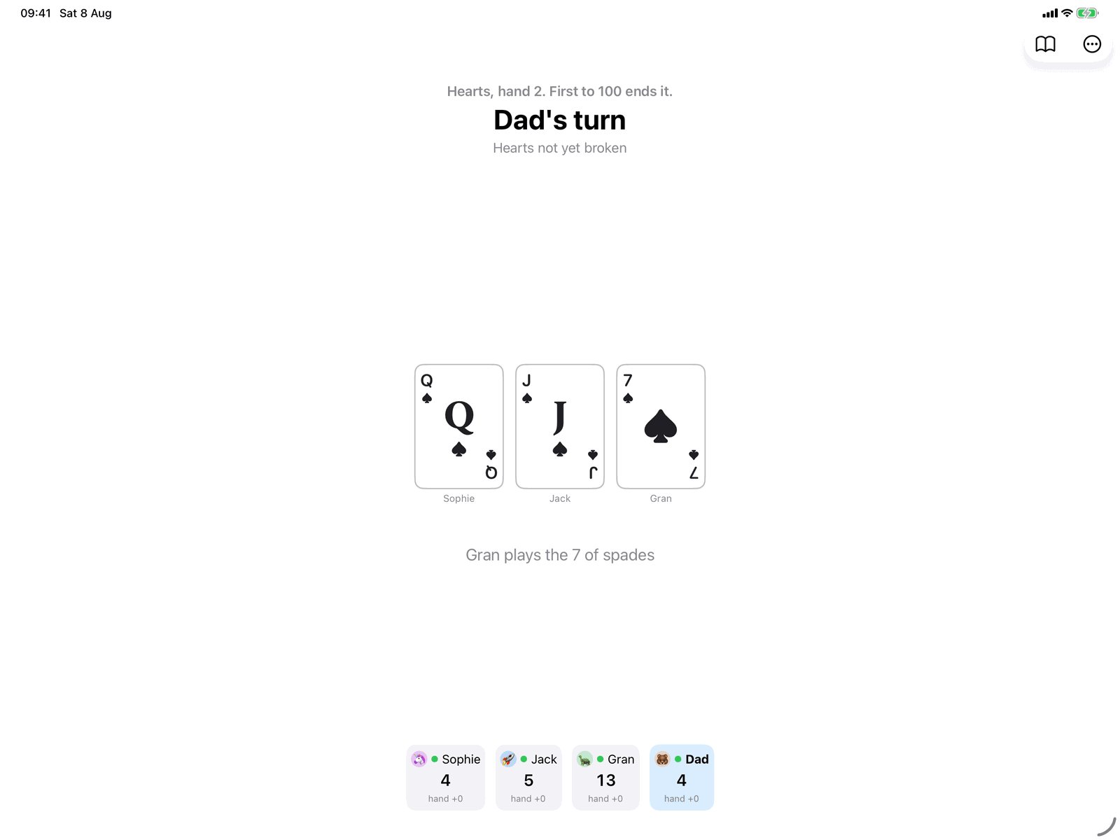 Hearts in Group Games, mid-game on an iPad host