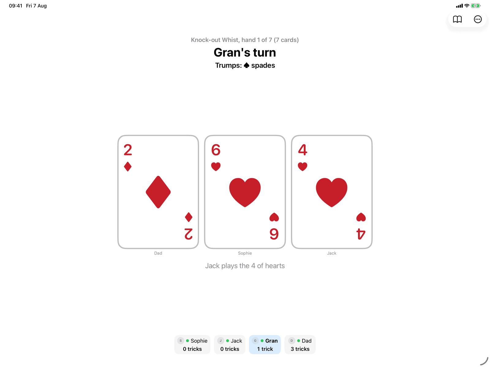 Knock-out Whist in Group Games, mid-game on an iPad host
