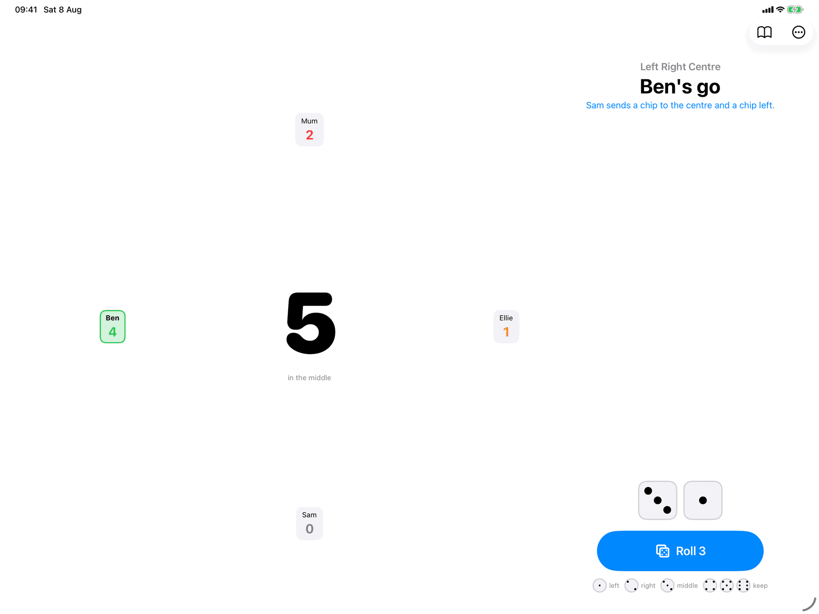 Left Right Centre in Group Games, mid-game on an iPad host