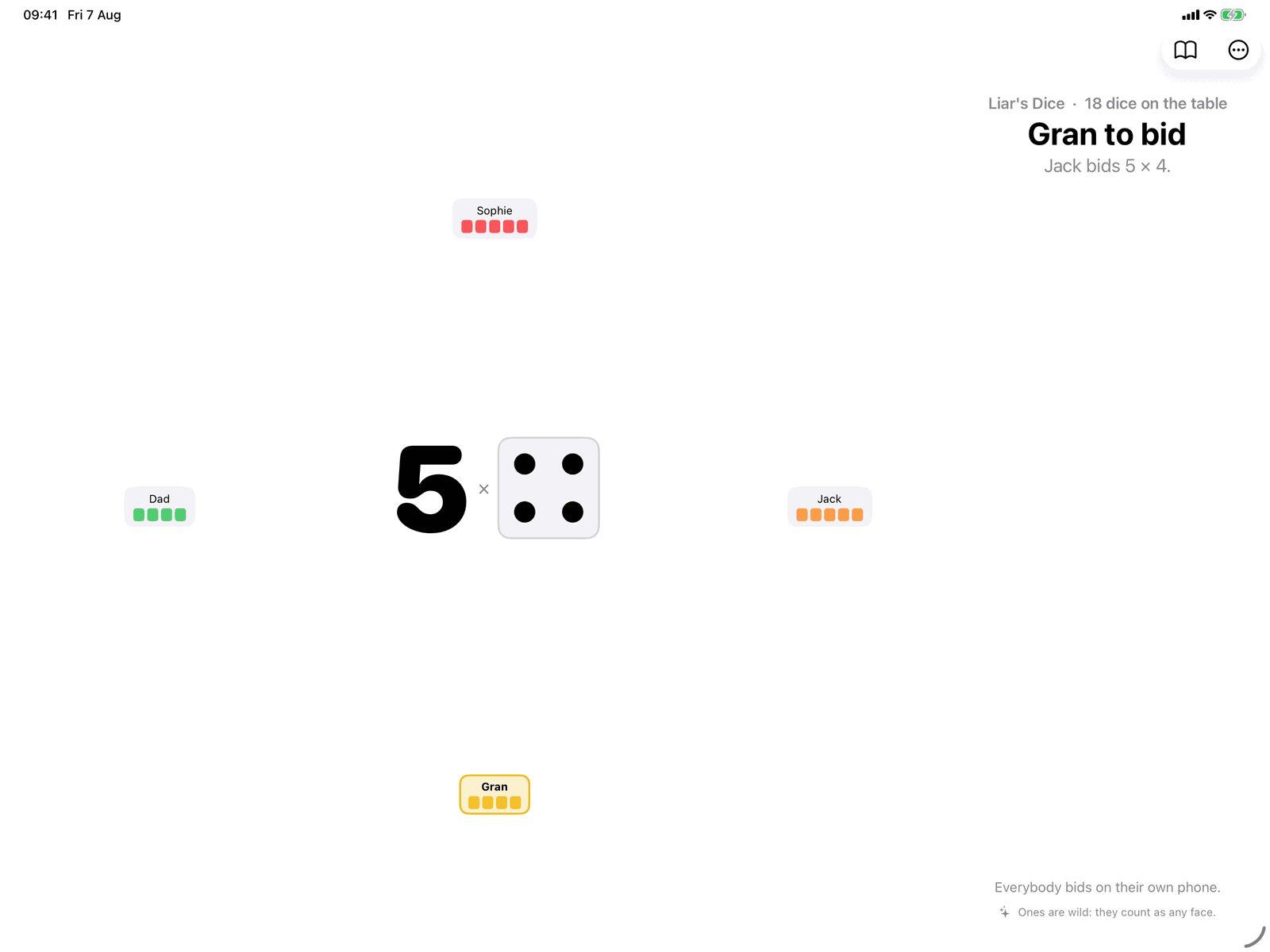 Liar's Dice in Group Games, mid-game on an iPad host