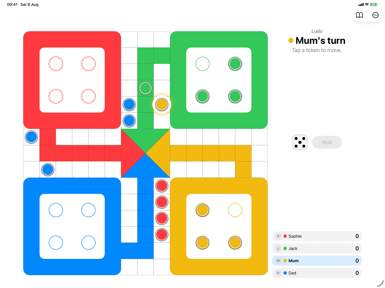 Ludo in Group Games, mid-game on an iPad host