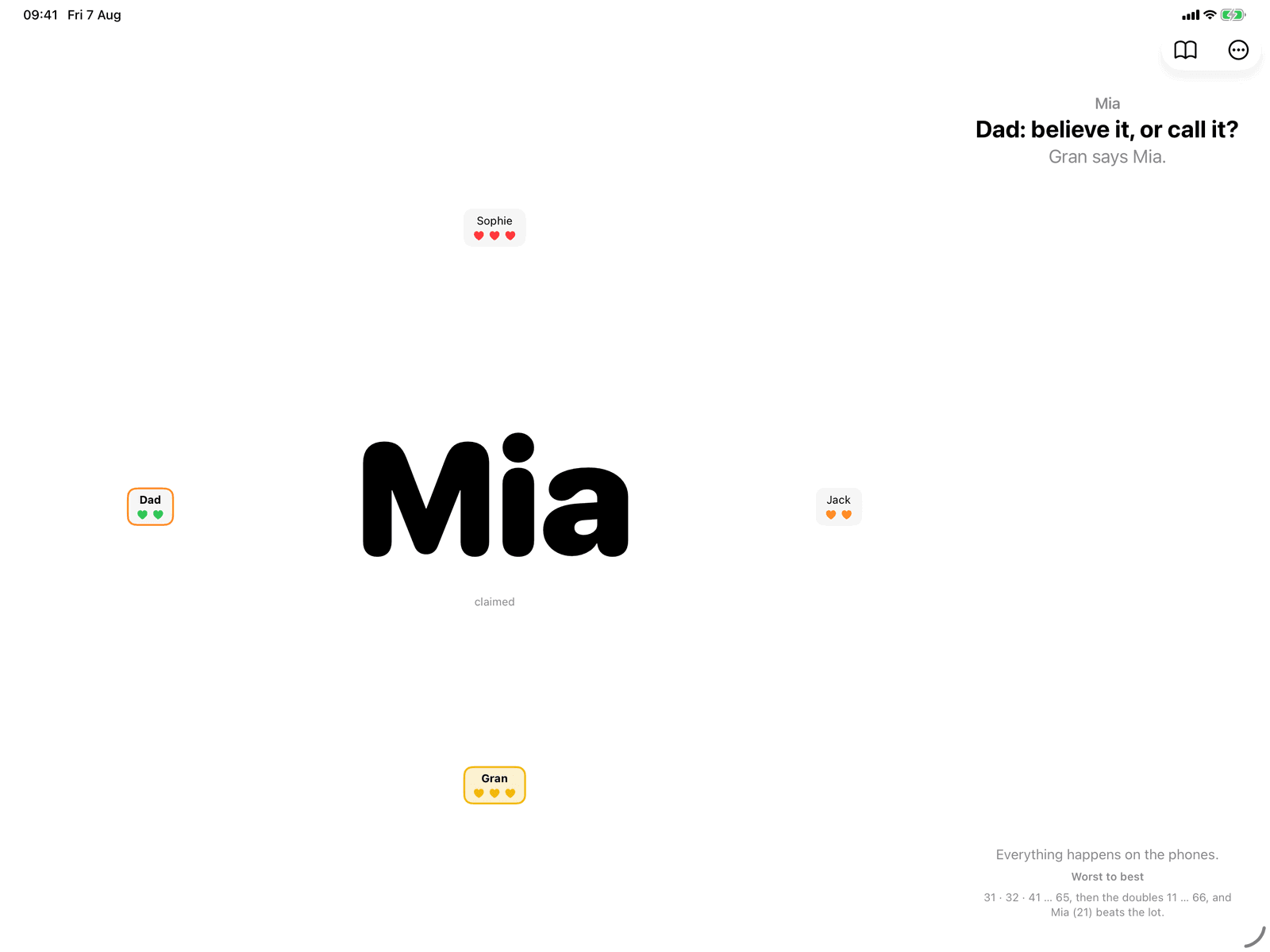 Mia in Group Games, mid-game on an iPad host