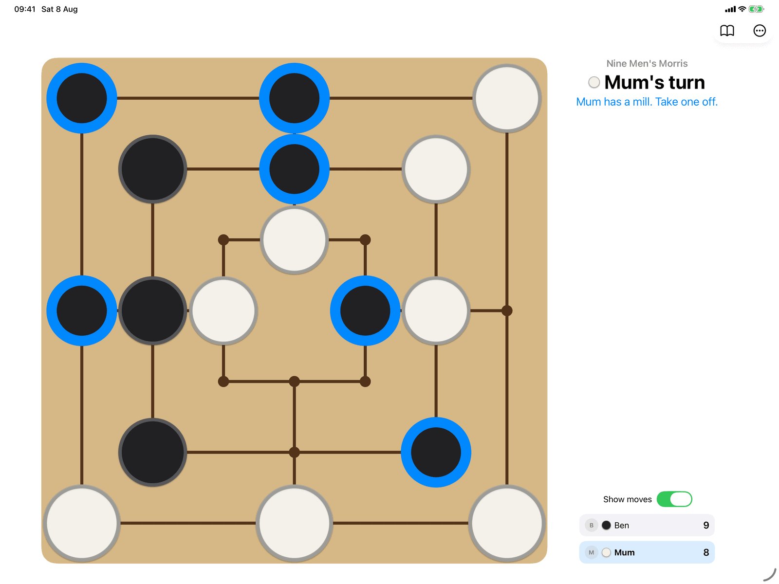 Nine Men's Morris in Group Games, mid-game on an iPad host