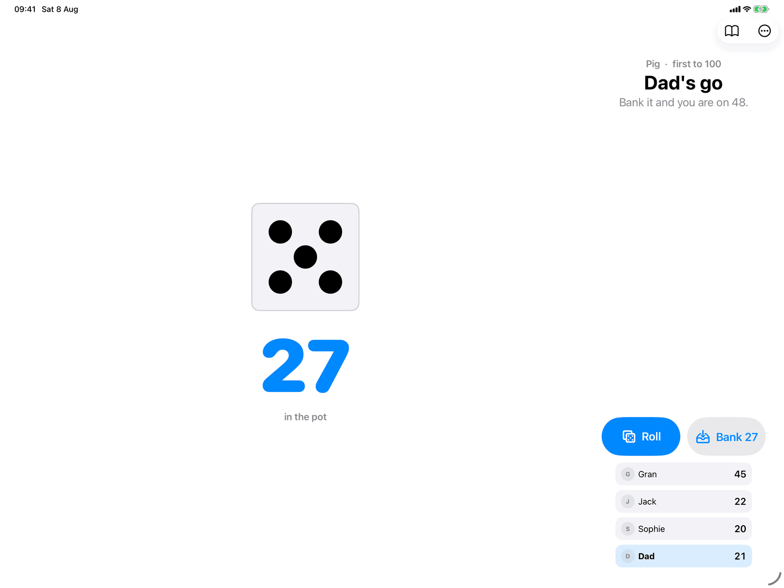 Pig in Group Games, mid-game on an iPad host