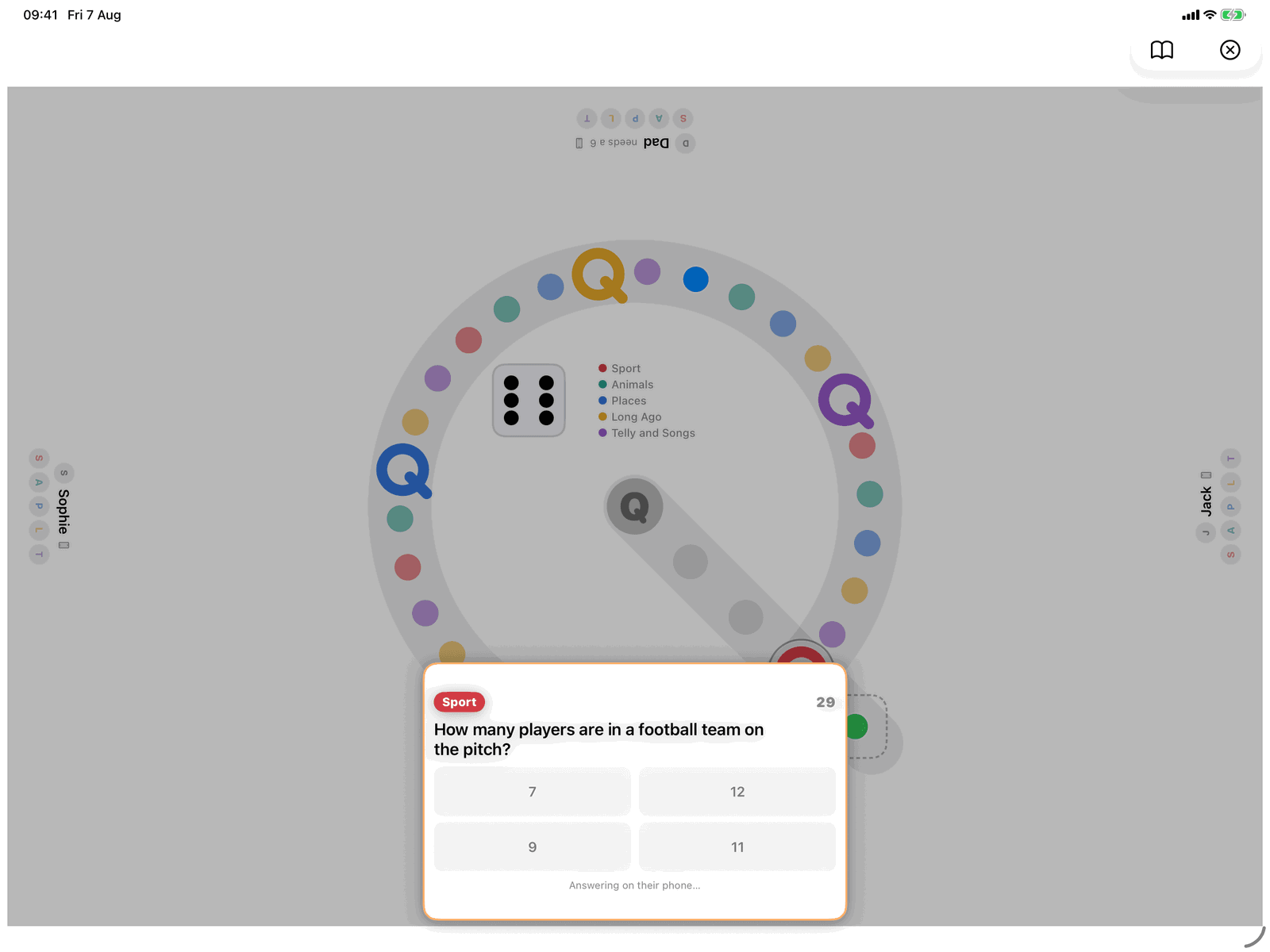 Quiz Quest in Group Games, mid-game on an iPad host