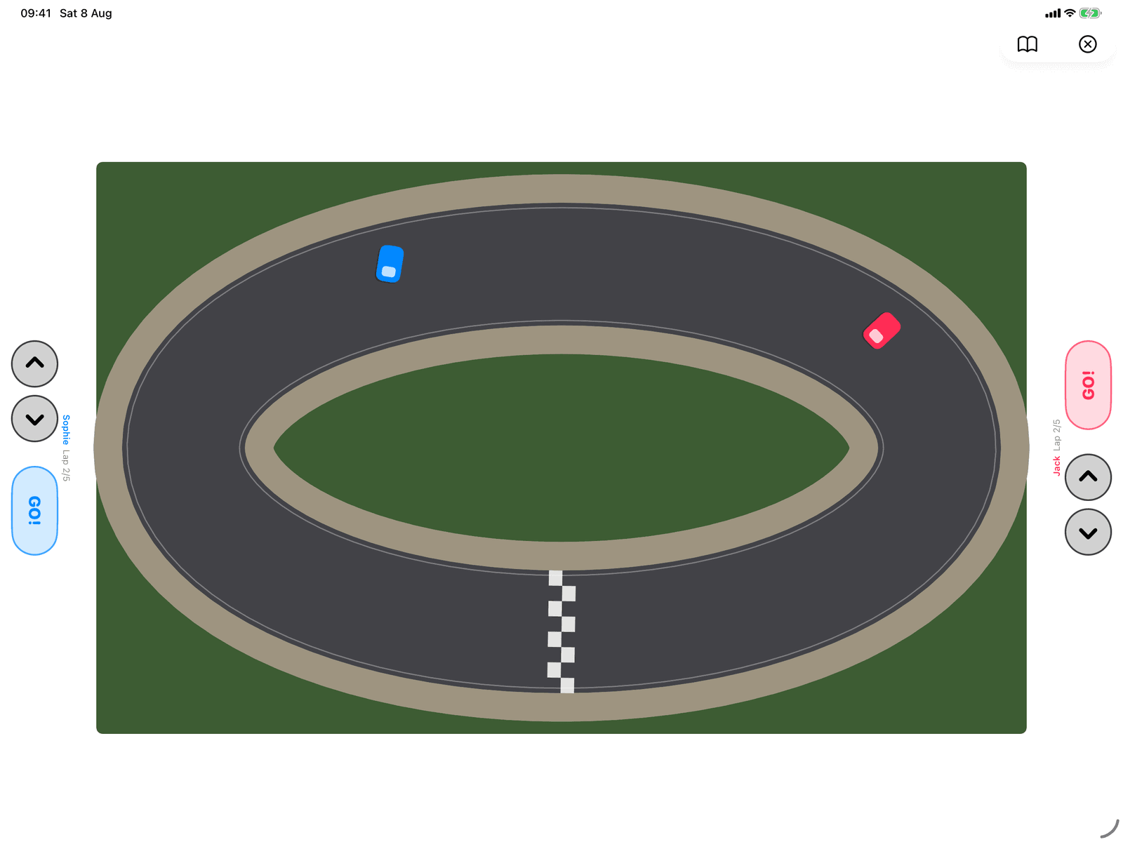 Racer in Group Games, mid-game on an iPad host