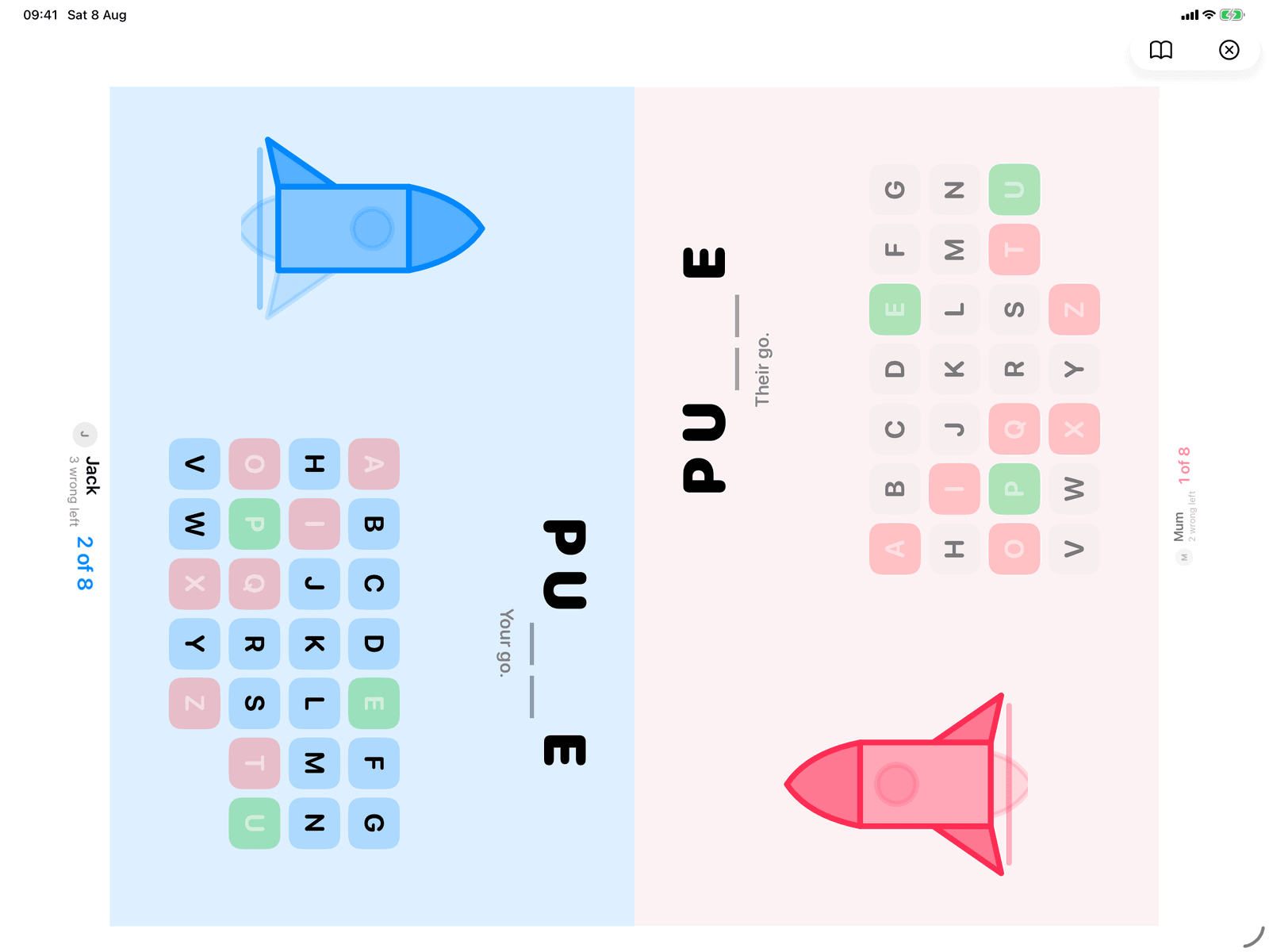 Rocket Words in Group Games, mid-game on an iPad host