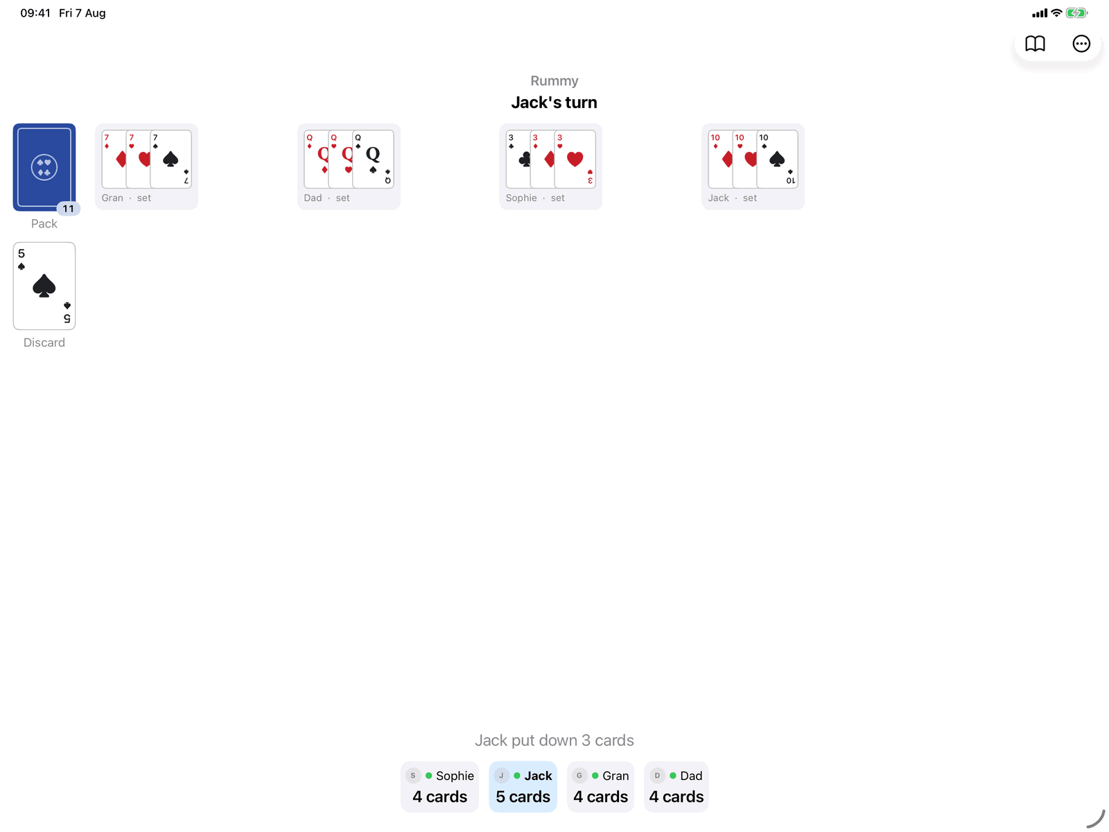 Rummy in Group Games, mid-game on an iPad host