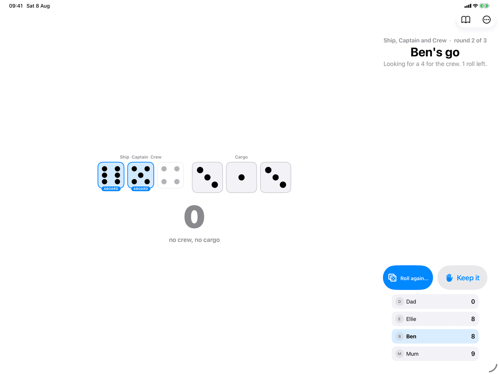 Ship, Captain and Crew in Group Games, mid-game on an iPad host