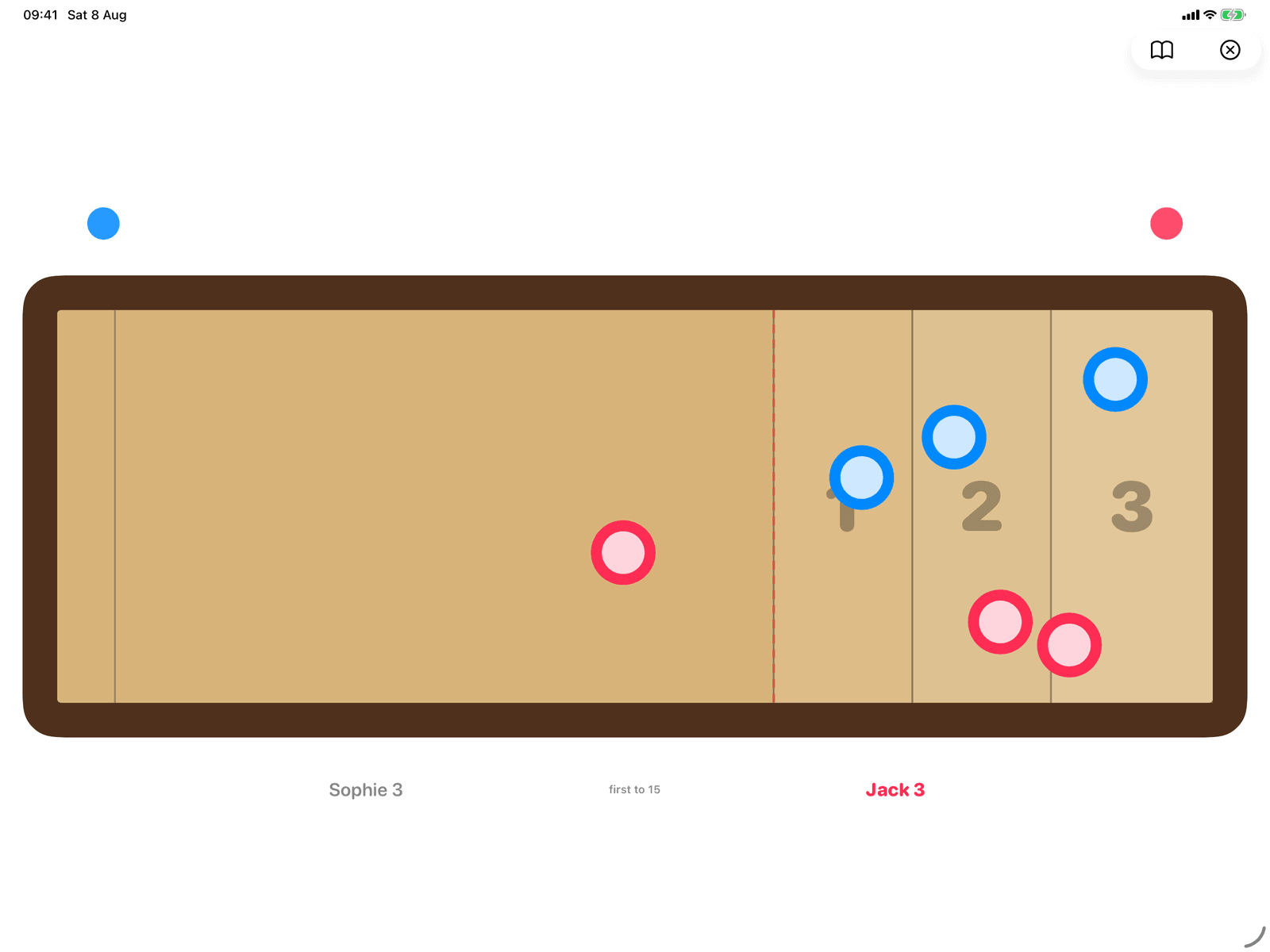 Shuffleboard in Group Games, mid-game on an iPad host