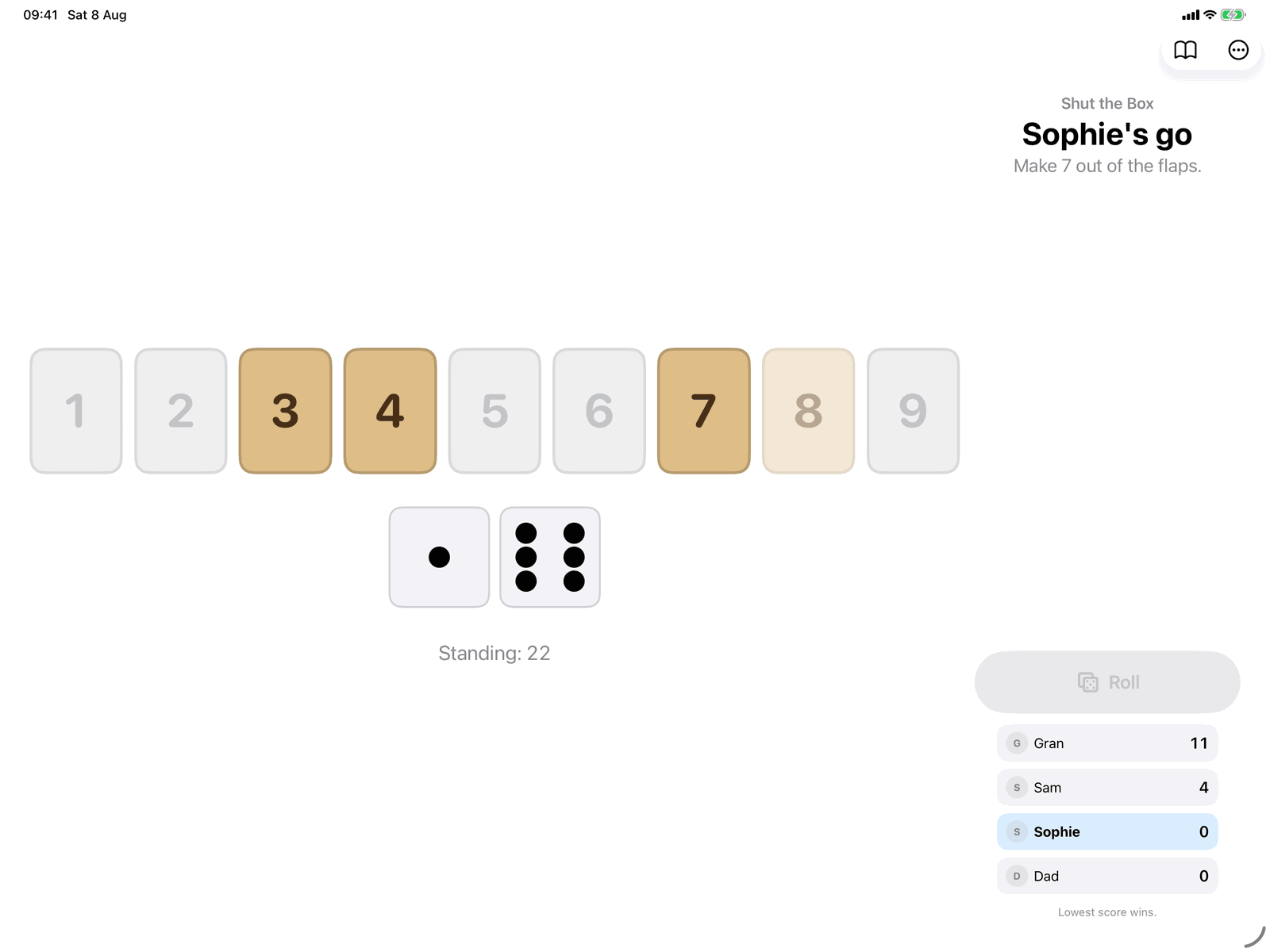 Shut the Box in Group Games, mid-game on an iPad host