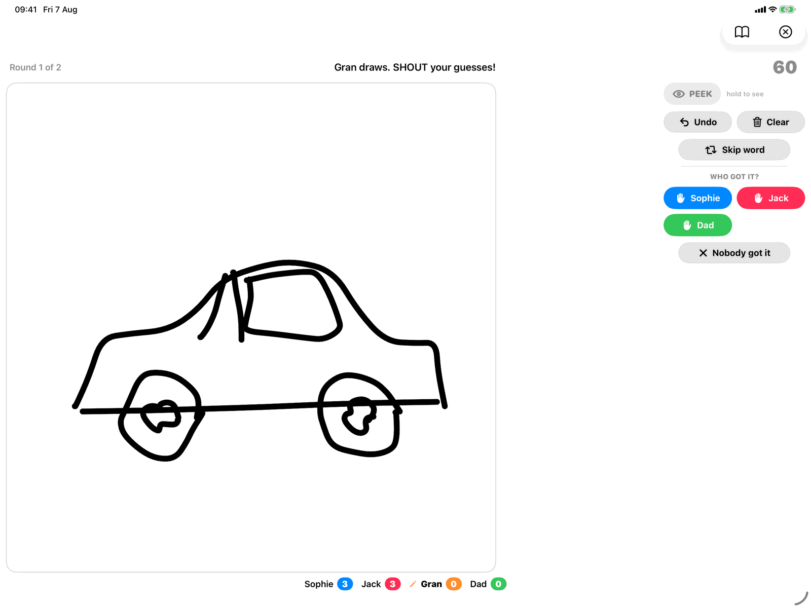 Sketch and Shout in Group Games, mid-game on an iPad host