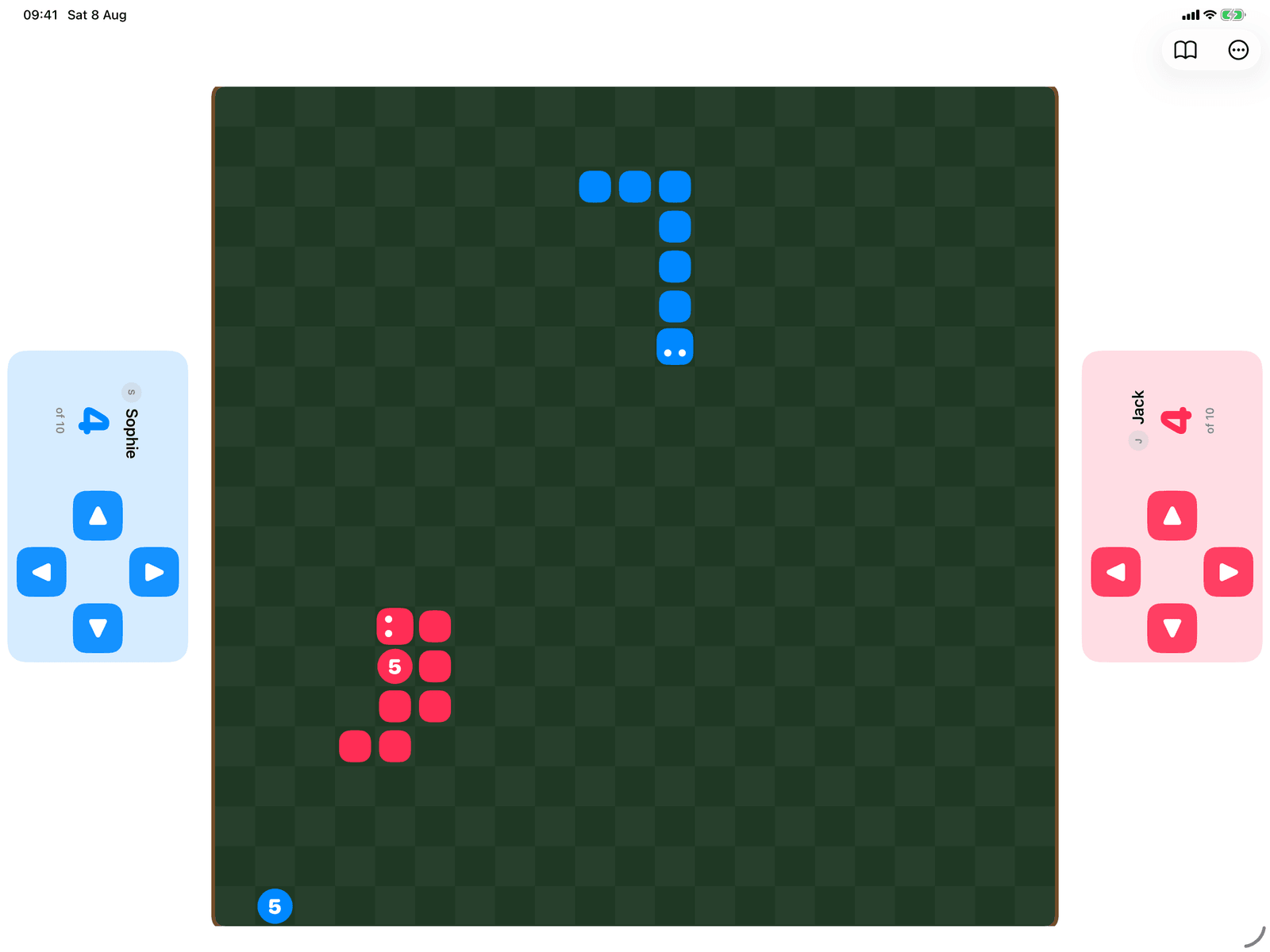Snake Duel in Group Games, mid-game on an iPad host