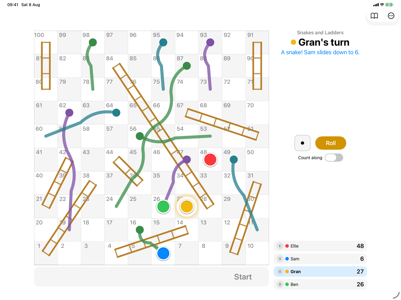 Snakes and Ladders in Group Games, mid-game on an iPad host