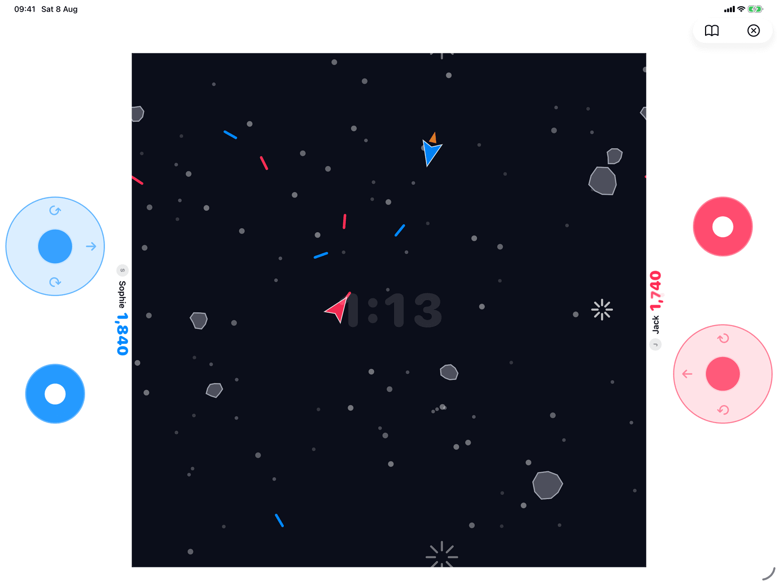 Space Boulders in Group Games, mid-game on an iPad host
