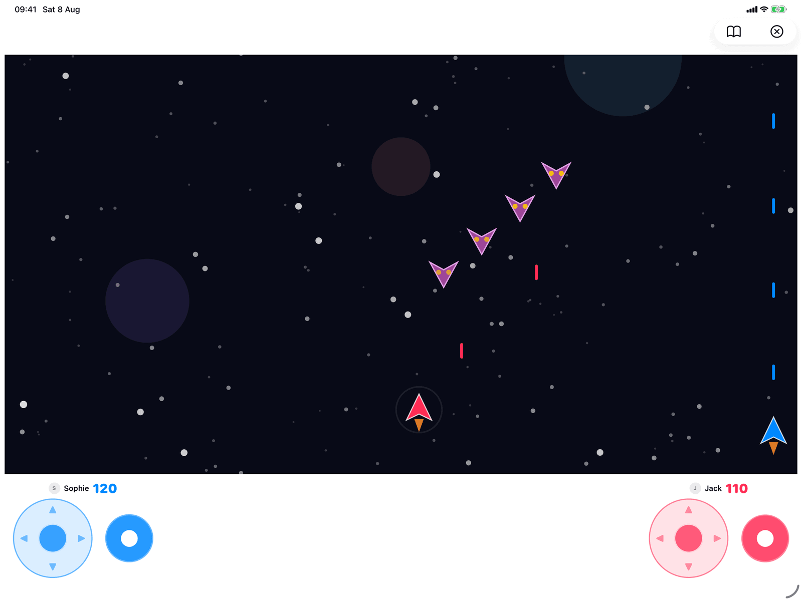 Space Swarm in Group Games, mid-game on an iPad host