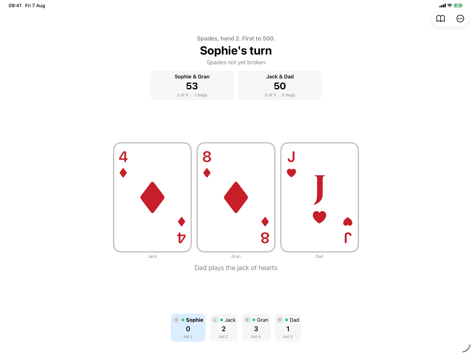 Spades in Group Games, mid-game on an iPad host