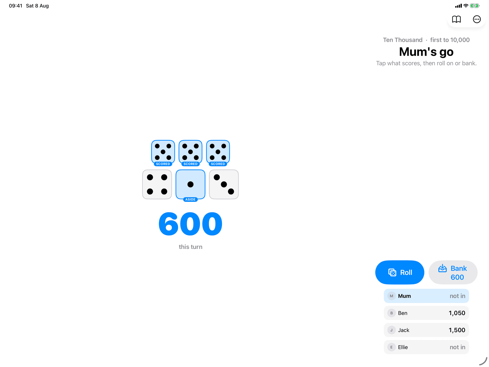 Ten Thousand in Group Games, mid-game on an iPad host