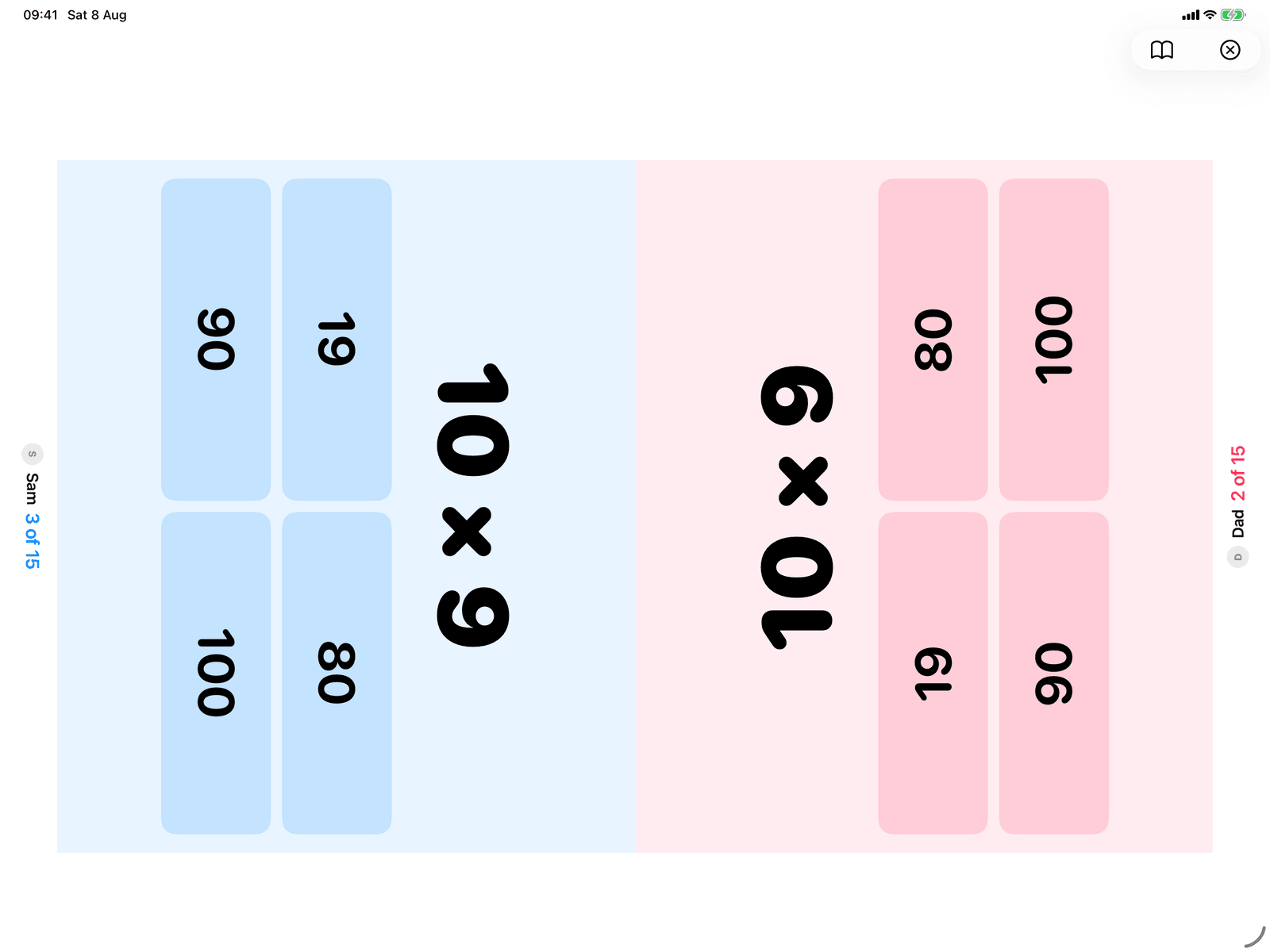 Times Tables in Group Games, mid-game on an iPad host