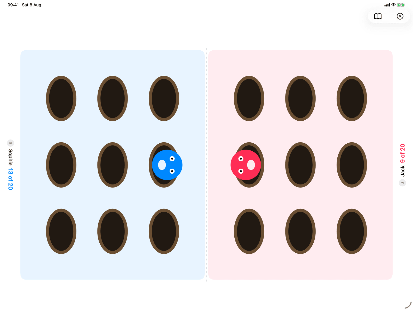 Whack a Mole in Group Games, mid-game on an iPad host