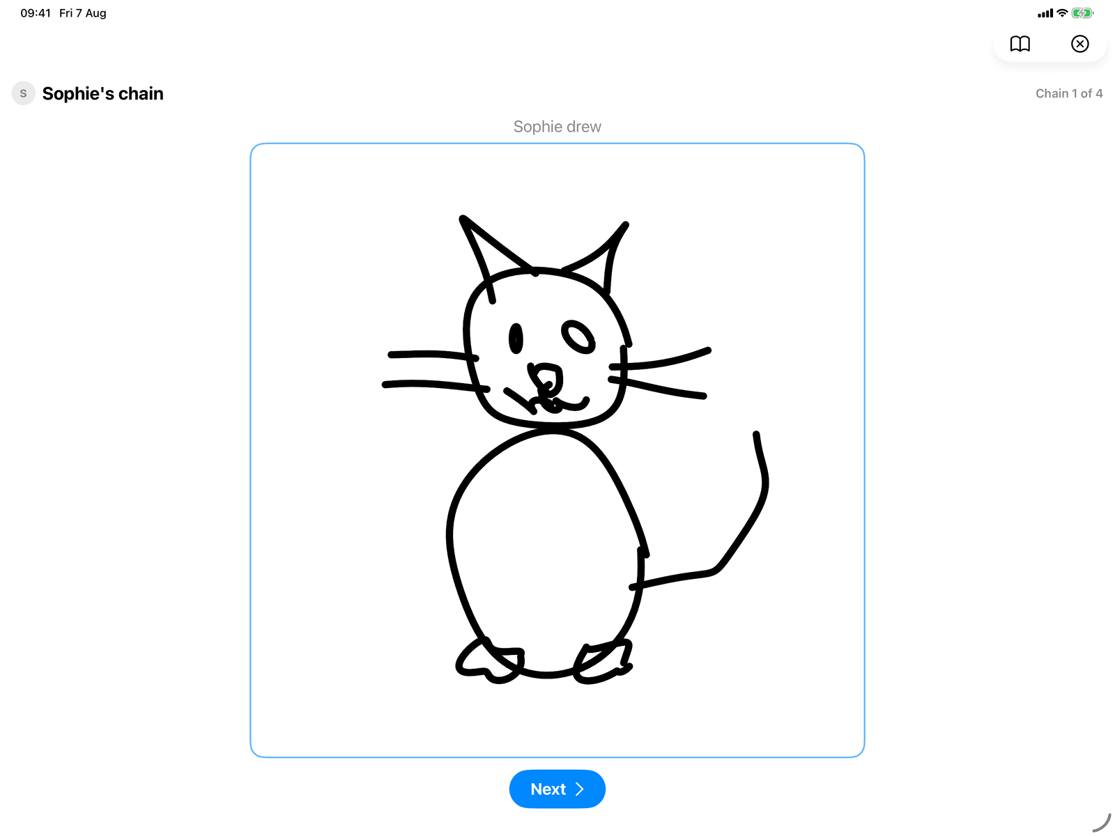 Whisper Sketch in Group Games, mid-game on an iPad host