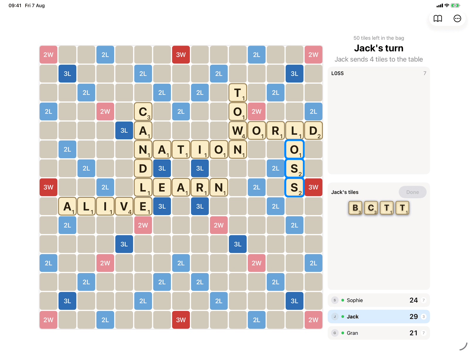 Wordsboard in Group Games, mid-game on an iPad host