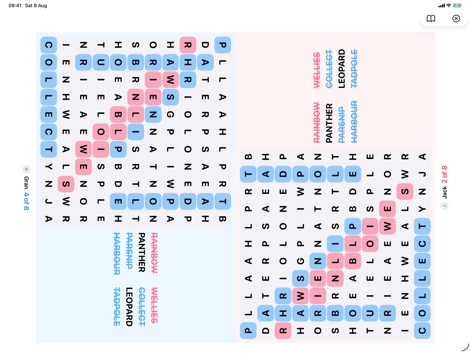 Word Search in Group Games, mid-game on an iPad host