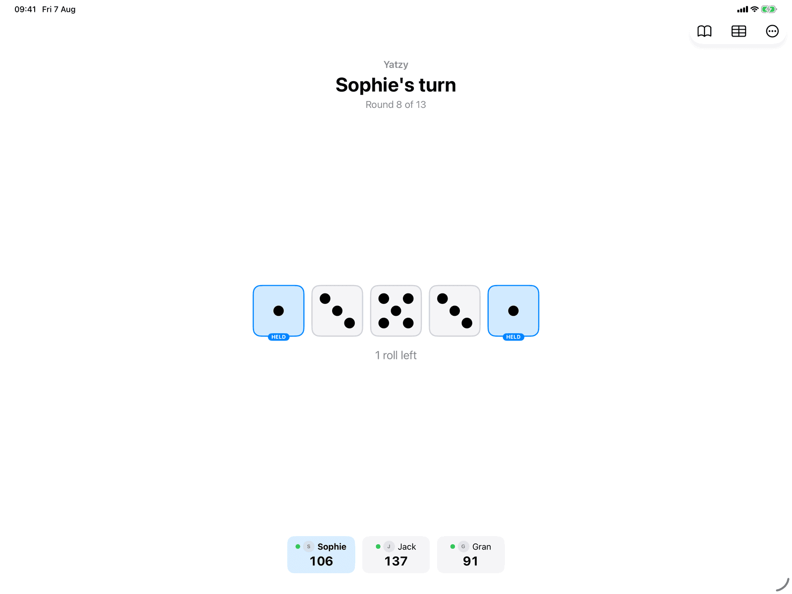 Yatzy in Group Games, mid-game on an iPad host